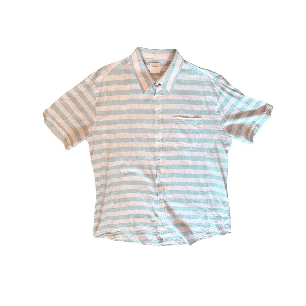 Samuel Windsor Shirt Mens XL Linen Blend Short Sleeve Blue White Button Up